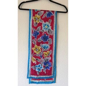 Oscar de la Renta Vintage Silk Scarf Red Blue Floral Print Fringe Trim old money